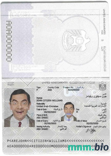 Przykład paszportu ZEA (Zjednoczone Emiraty Arabskie) w formacie PSD, w pełni edytowalny